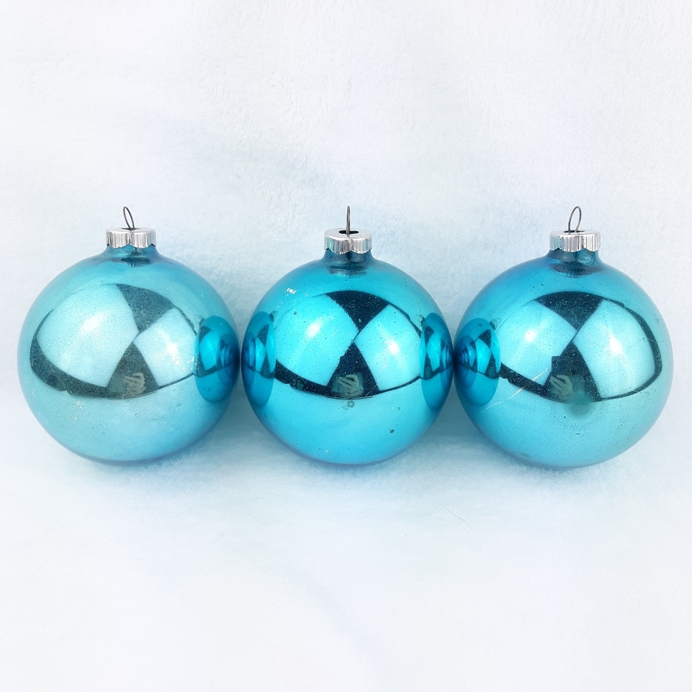 Vintage Christmas West Germany Large Glass Ball Blue Ornament Set Of 3